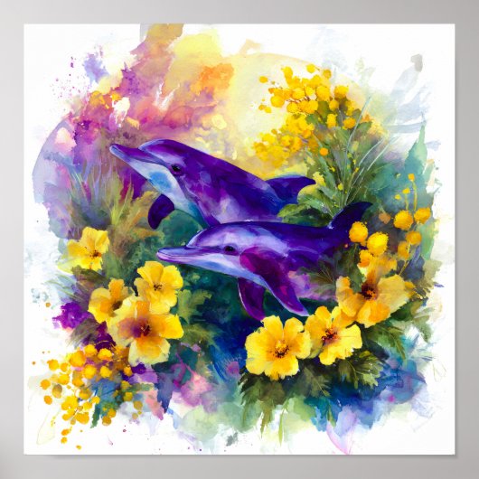 Watercolor Ocean Dolphins Tropical Flowers ポスター (正面)