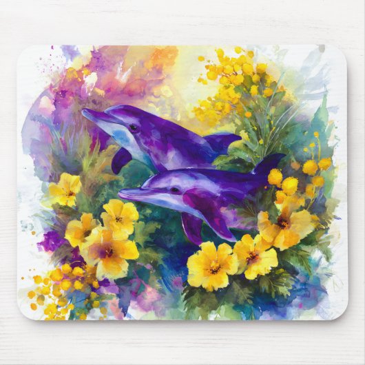 Watercolor Ocean Dolphins Tropical Flowers マウスパッド (正面)