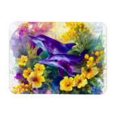 Watercolor Ocean Dolphins Tropical Flowers マグネット (横)