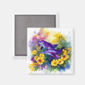 Watercolor Ocean Dolphins Tropical Flowers マグネット (正面/裏面)