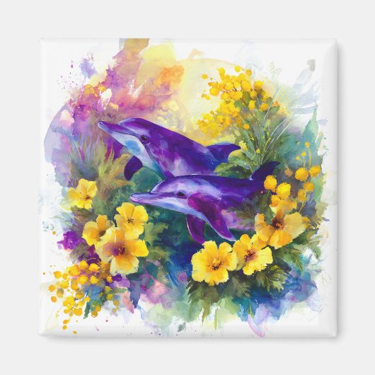 Watercolor Ocean Dolphins Tropical Flowers マグネット (正面)
