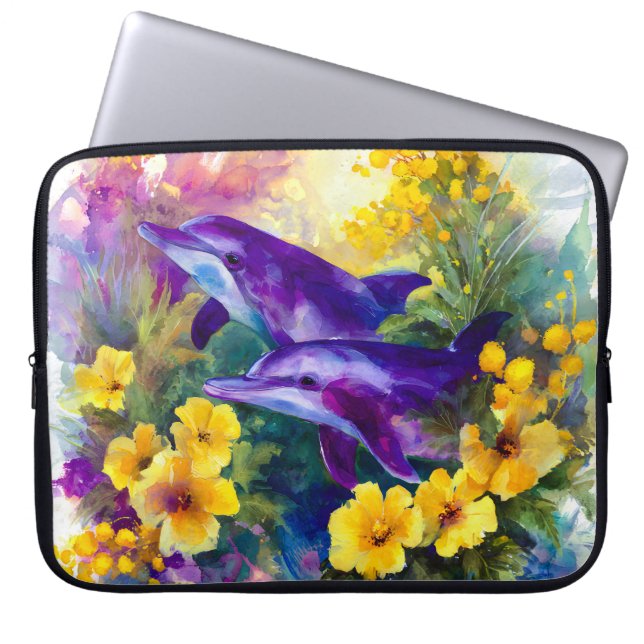 Watercolor Ocean Dolphins Tropical Flowers ラップトップスリーブ (正面)