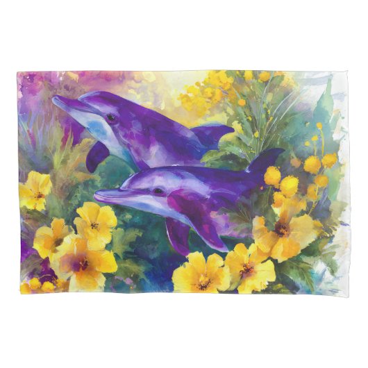 Watercolor Ocean Dolphins Tropical Flowers 枕カバー (正面)