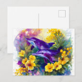 Watercolor Ocean Dolphins Tropical Flowers 案内ポストカード (正面/裏面)