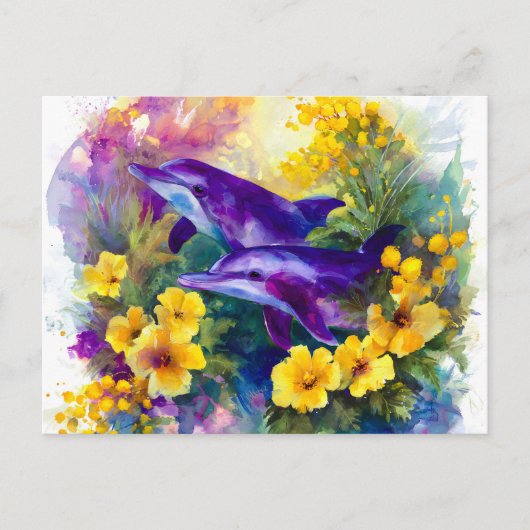 Watercolor Ocean Dolphins Tropical Flowers 案内ポストカード (正面)