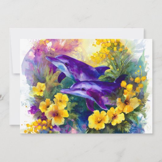 Watercolor Ocean Dolphins Tropical Flowers 案内状 (正面)