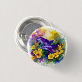 Watercolor Ocean Dolphins Tropical Flowers 缶バッジ (正面&裏面)