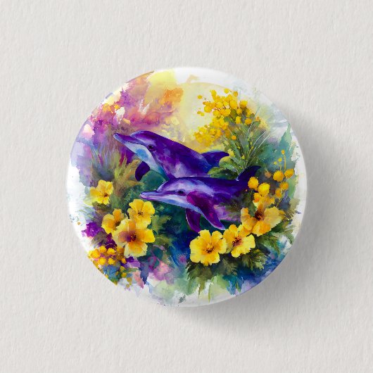 Watercolor Ocean Dolphins Tropical Flowers 缶バッジ (正面)