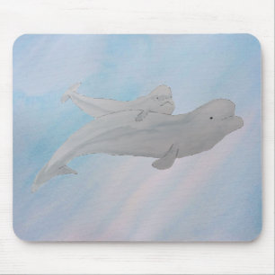 Watercolor Ocean Mother Baby Beluga Whales マウスパッド