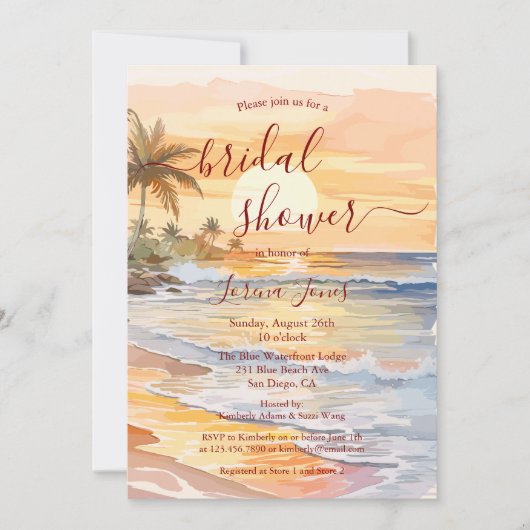 Watercolor Ocean Seaside Beach Bridal Shower 招待状 (正面)