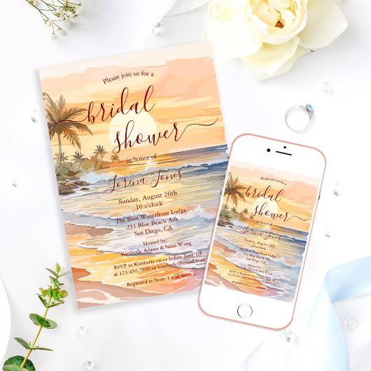Watercolor Ocean Seaside Beach Bridal Shower 招待状