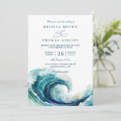Watercolor Ocean Wave Navy Blue QR Code Wedding 招待状 (スタンド正面)