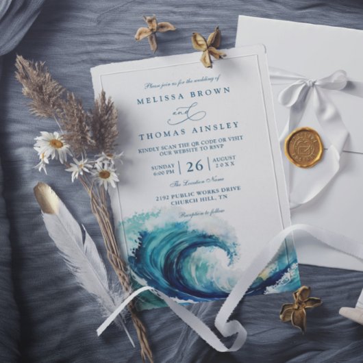 Watercolor Ocean Wave Navy Blue QR Code Wedding 招待状