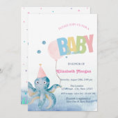 Watercolor Octopus Balloon Summer Baby Shower  招待状 (正面/裏面)