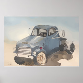 Watercolor of a blue gray flatbed truck ポスター