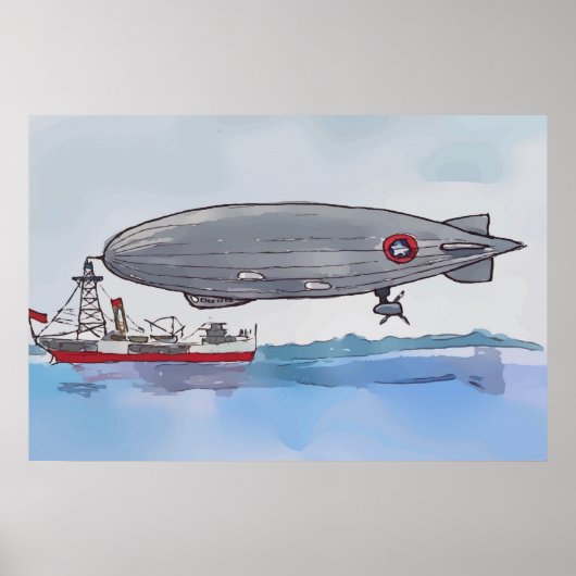 Watercolor of a dirigible tethered to a boat ポスター (正面)