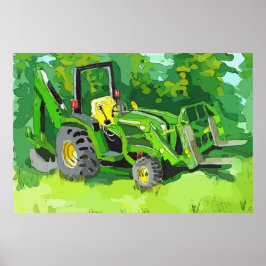 Watercolor of a green tractor, backhoe, forklift ポスター