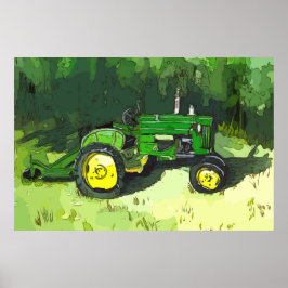 Watercolor of a green tractor, with bush mower ポスター