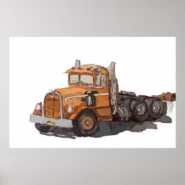 Watercolor of a orange old semi tractor ポスター
