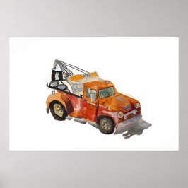 Watercolor of a orange rusty tow truck ポスター
