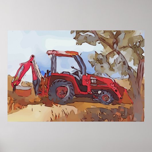 Watercolor of a orange tractor backhoe ポスター (正面)