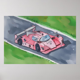 Watercolor of a pink F1 style racecar ポスター