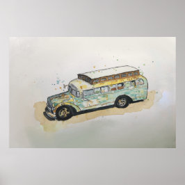 Watercolor of a rusty RV bus conversion  ポスター
