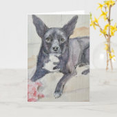 Watercolor of black dog on folded Greeting Card カード (黄色い花)
