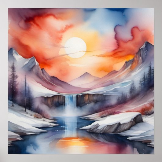 Watercolor of snow covered mountains under sunset ポスター (正面)
