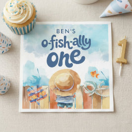 Watercolor Ofishally One Fishing Boy 1st Birthday  スタンダードカクテルナプキン