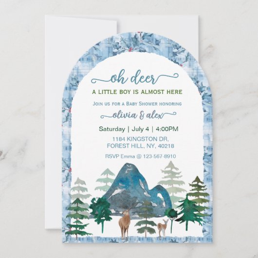 Watercolor oh deer baby boy shower invitations 招待状 (正面)
