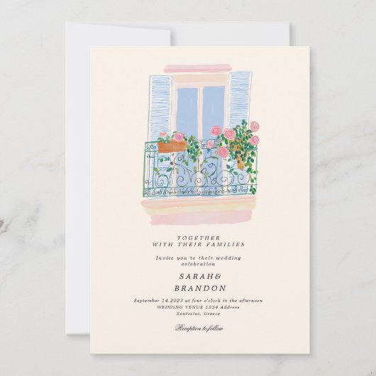 Watercolor Olive Blue tile Greece Wedding  招待状 (正面)