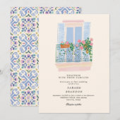 Watercolor Olive Blue tile Greece Wedding  招待状 (正面/裏面)