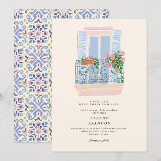 Watercolor Olive Blue tile Greece Wedding  招待状 (正面/裏面)