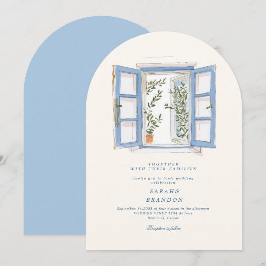 Watercolor Olive Blue tile Greece Wedding  Invitat 招待状 (正面/裏面)