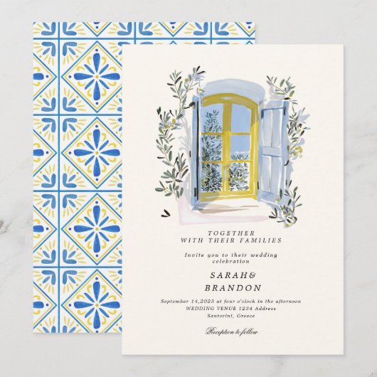Watercolor Olive Blue tile Greece Wedding  Invitat 招待状 (正面/裏面)