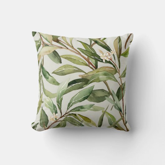 Watercolor Olive Branches Botanical クッション (正面)