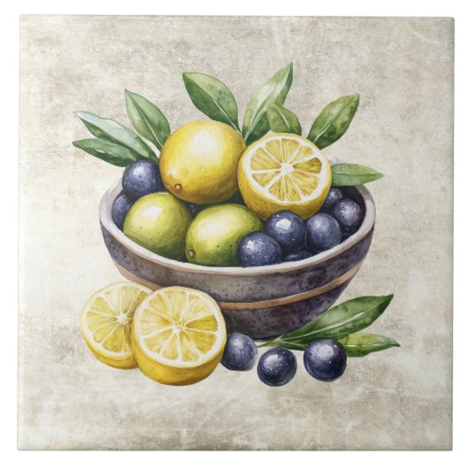Watercolor Olives Lemons Limes Faux Texture  タイル (正面)