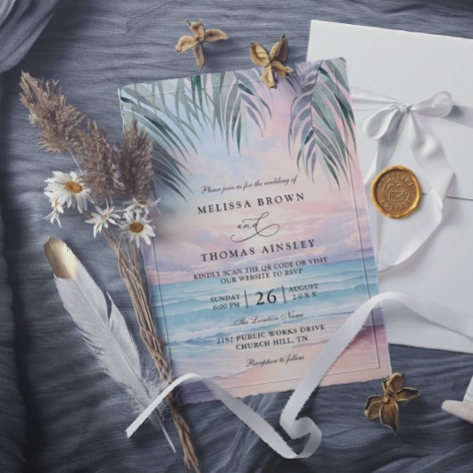 Watercolor On The Beach Elegant QR Code Wedding 招待状