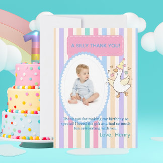​Watercolor One Silly Goose Boy 1st Birthday Photo サンキューカード