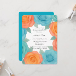 Watercolor Orange and Teal Roses Engagement Party 招待状