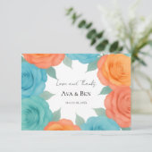 Watercolor Orange and Teal Roses Wedding サンキューカード (スタンド正面)