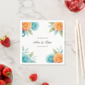 Watercolor Orange and Teal Roses Wedding スタンダードカクテルナプキン (インサイチュ)