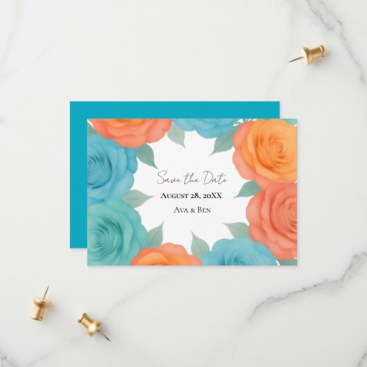 Watercolor Orange and Teal Roses Wedding セーブザデート (正面/裏面インサイチュ)