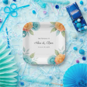 Watercolor Orange and Teal Roses Wedding ペーパープレート (パーティー)