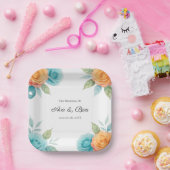 Watercolor Orange and Teal Roses Wedding ペーパープレート (パーティー)