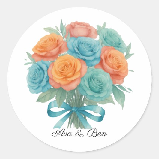 Watercolor Orange and Teal Roses Wedding ラウンドシール (正面)