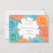 Watercolor Orange and Teal Roses Wedding 出欠カード (正面)