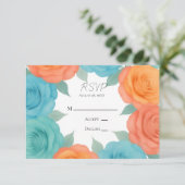 Watercolor Orange and Teal Roses Wedding 出欠カード (スタンド正面)