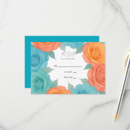 Watercolor Orange and Teal Roses Wedding 出欠カード